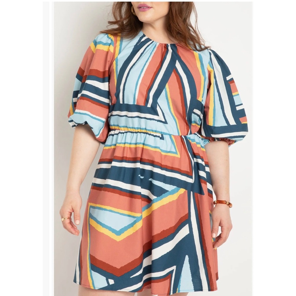 Eloquii Womens Abstract Geometric Print Puff Sleeve Cut Out Back Dress Size 16